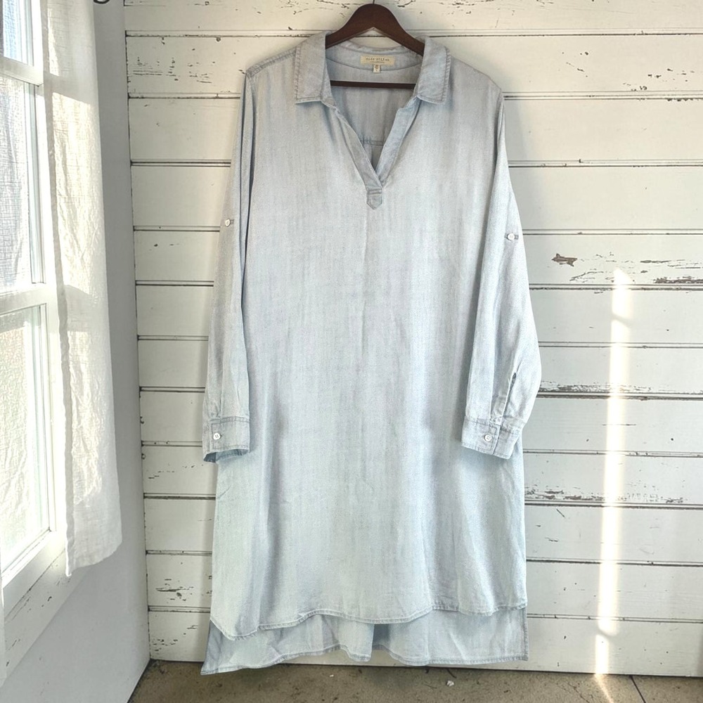 Chambray Tunic Dress L Light Blue 100% Lyocell A-Line Flowy Roll Tab Sleeve